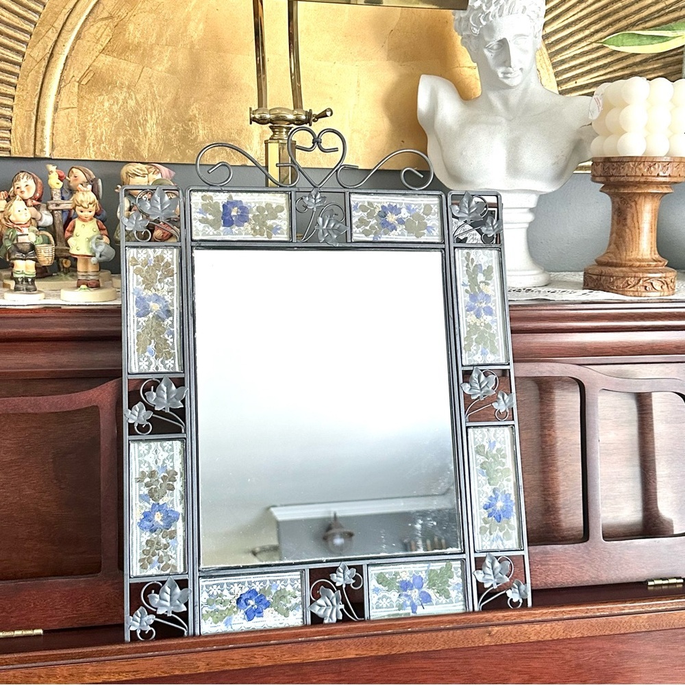 Vintage Silver and Blue Floral Wall Mirror